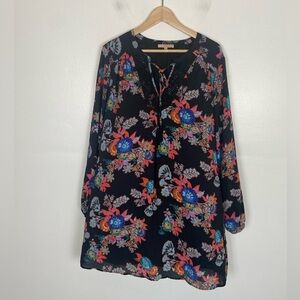 Gibson Latimer Floral Mini Dress Sz XL Long Sleeve Chiffon Pocket Lace Neckline